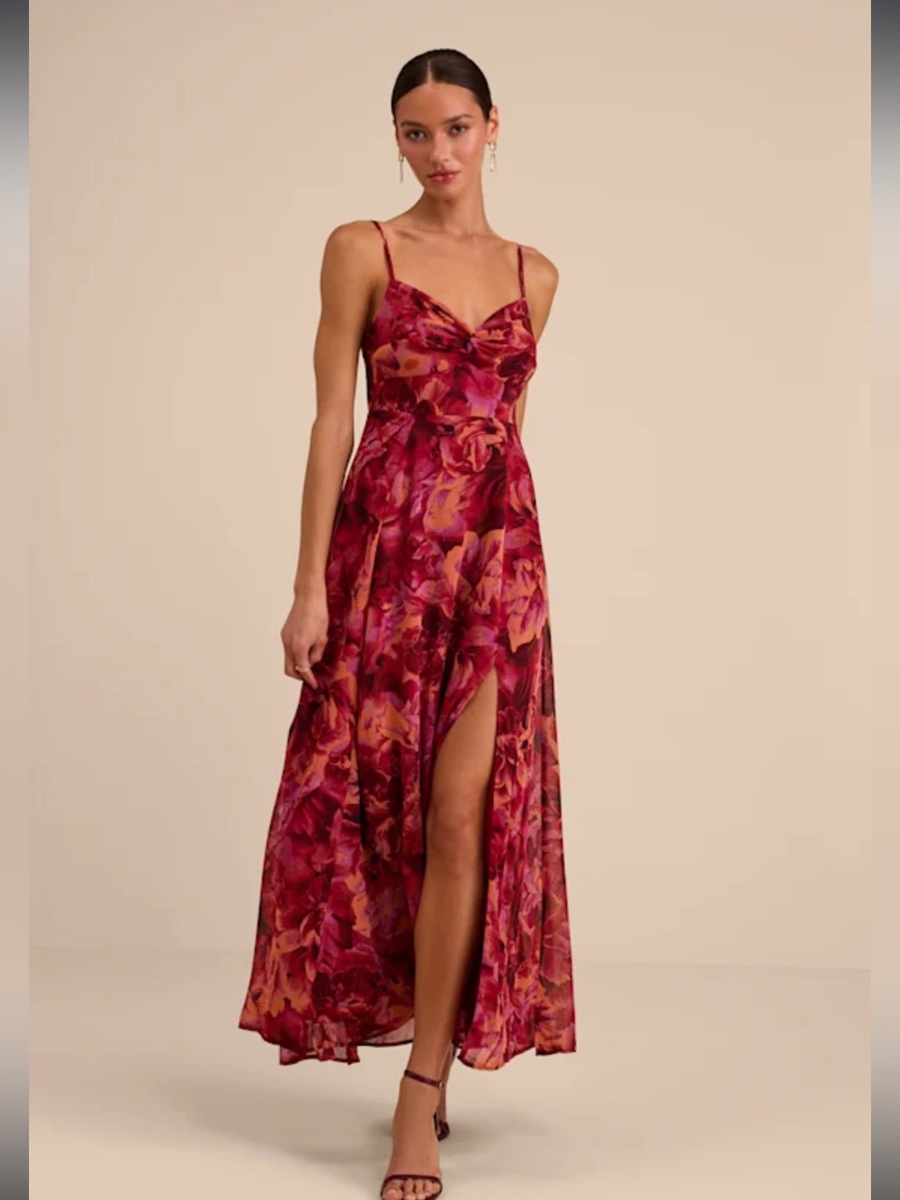 Beautiful Soul Burgundy Floral Print Twist-Front Maxi Dress Size L
